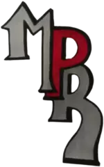 A red and silver letter p sitting on top of a black background.