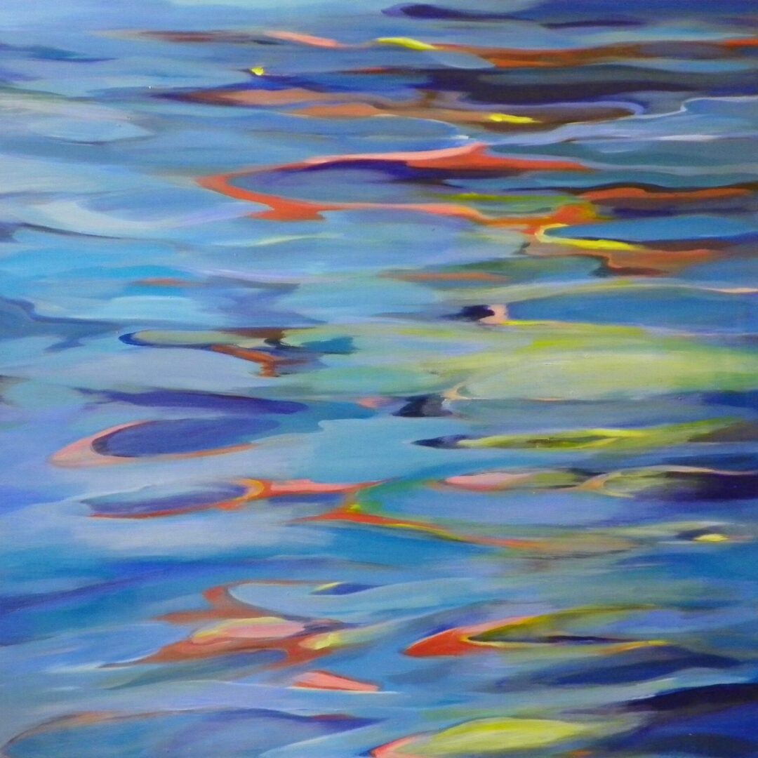 A painting of water with colorful reflections on it.