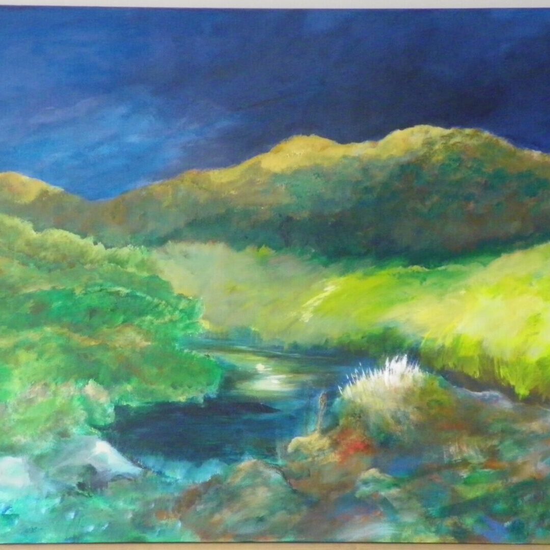 A painting of a mountain with green grass and water