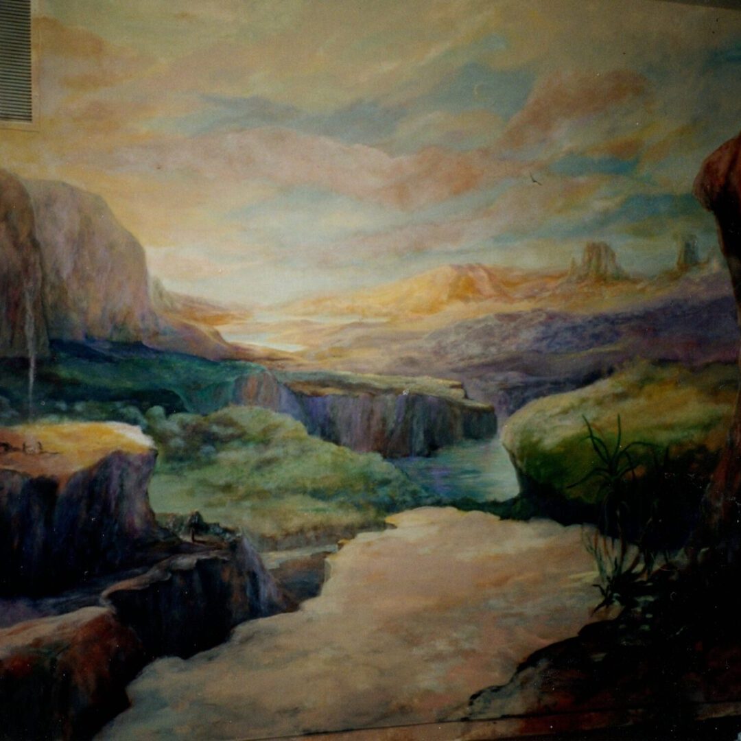 A painting of a river and mountains