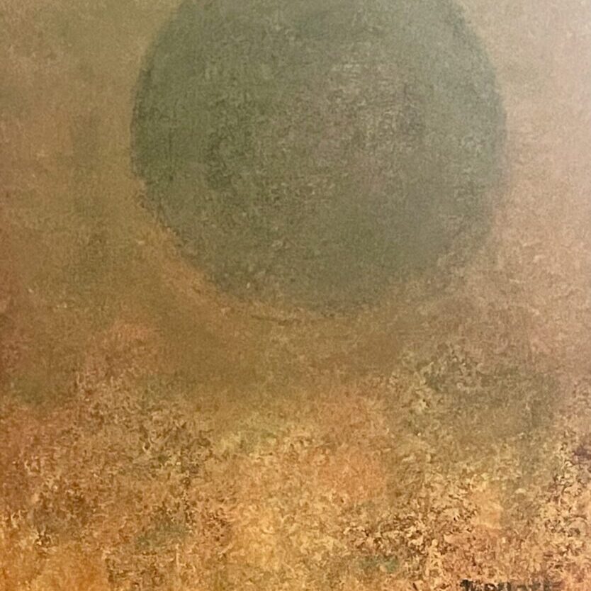 A painting of an orb in the middle of a field.