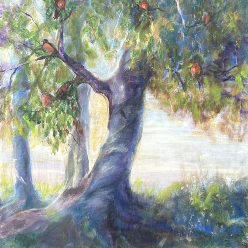 A painting of trees and people in the background.