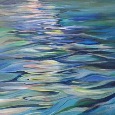 A painting of water with reflections in it.