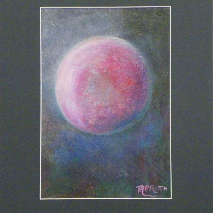 A painting of a pink ball in the air.