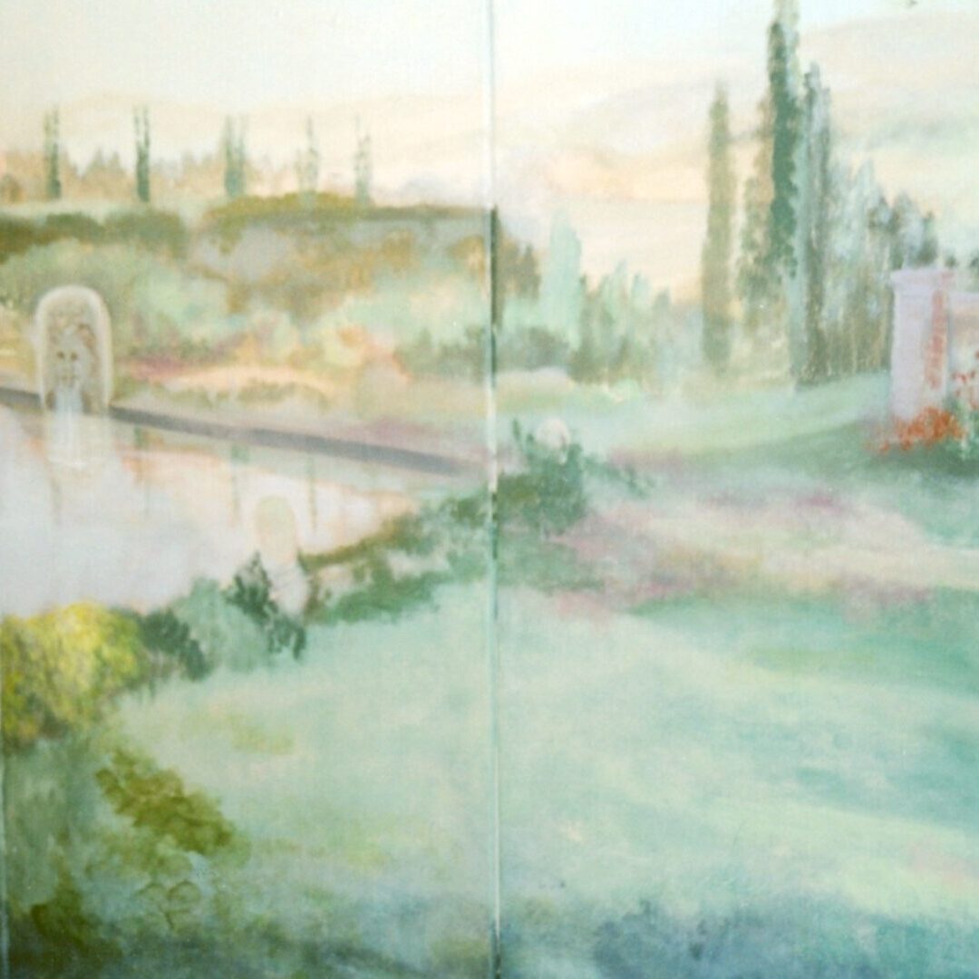 A painting of a garden with trees and bushes