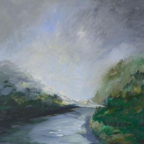 A painting of a river with trees in the background