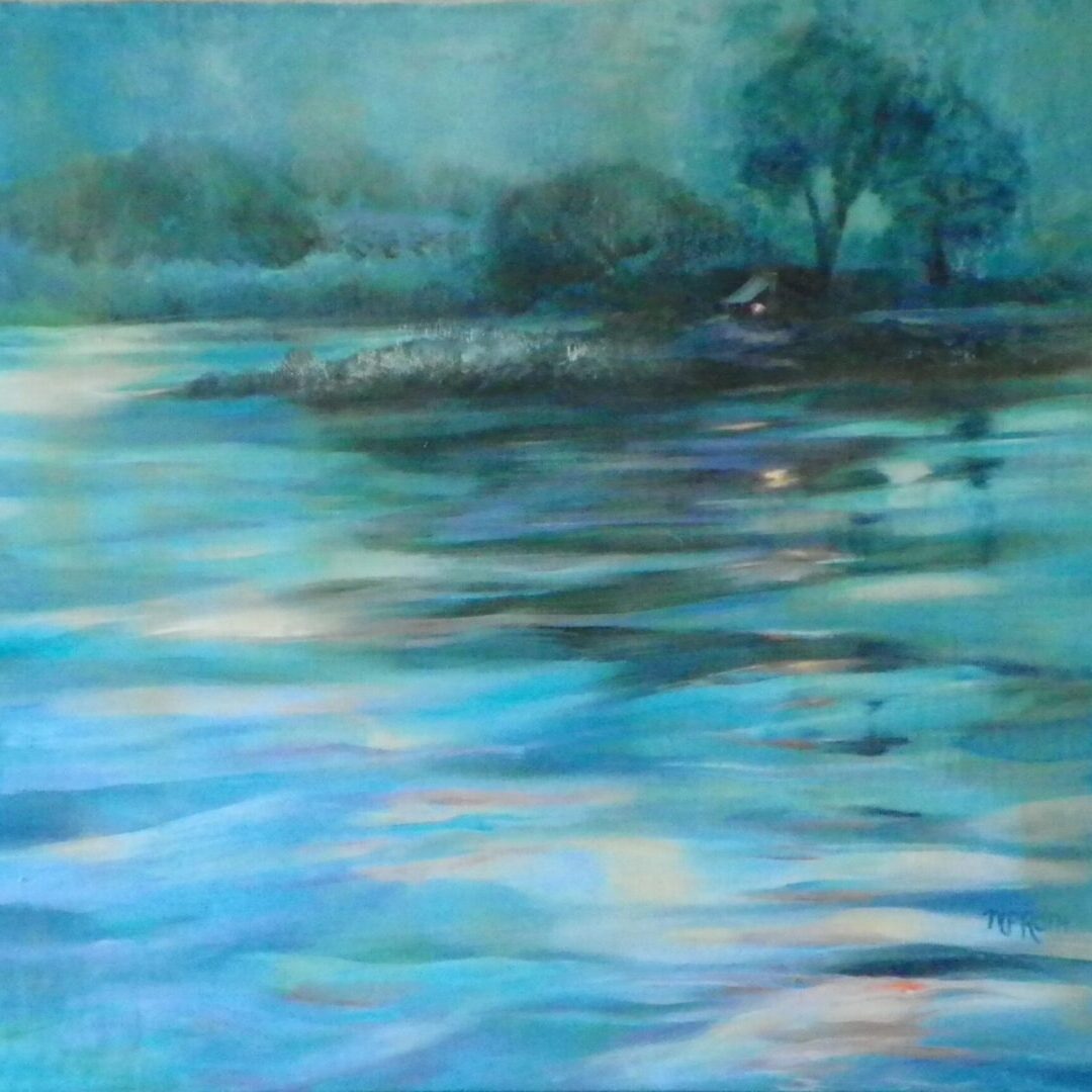 A painting of the water and trees