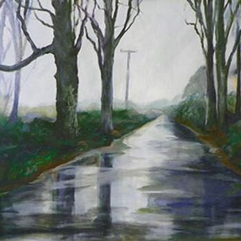 A painting of trees and water on the side of a road.