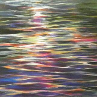 A painting of water with colorful reflections.