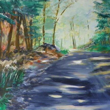 A painting of a road in the woods