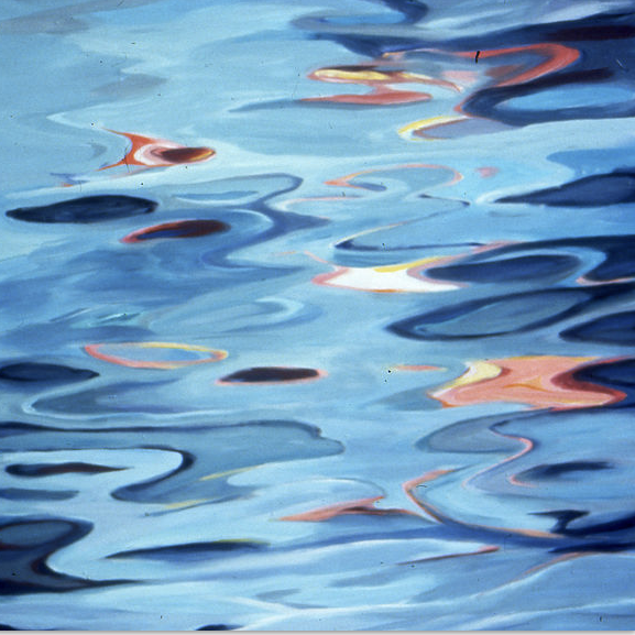 A painting of water with orange and blue reflections.