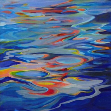 A painting of water with colorful reflections.