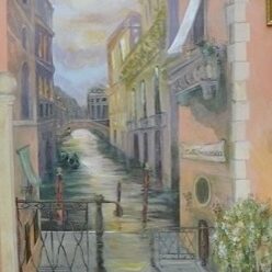 A painting of a canal with buildings and flowers.