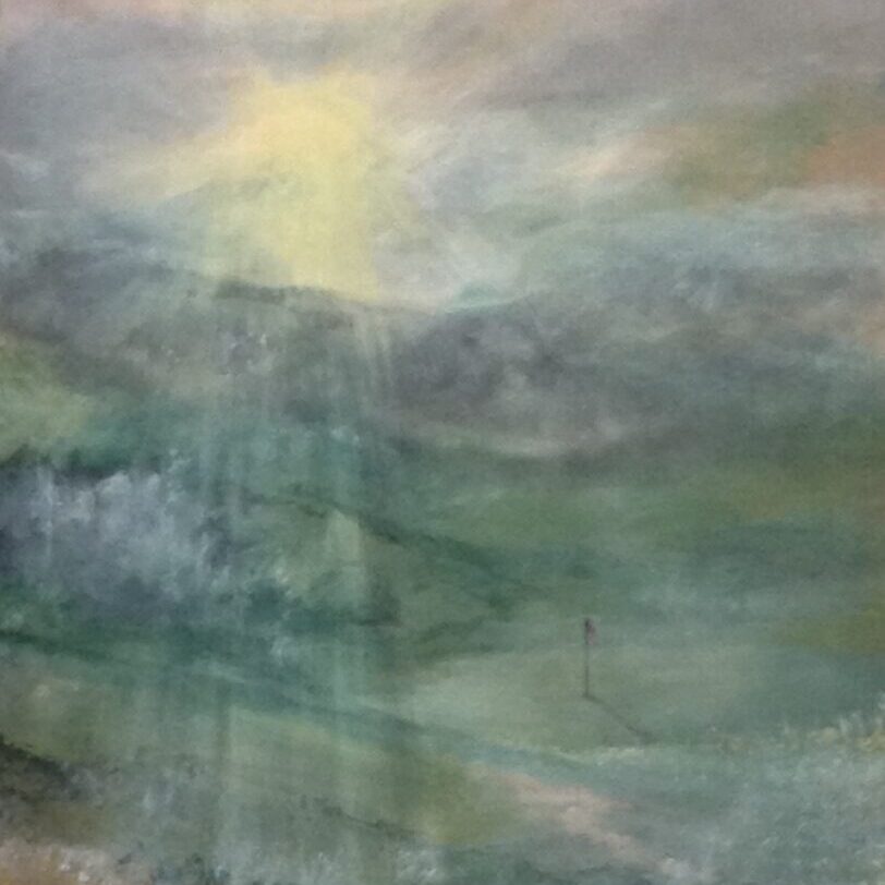 A painting of the sun setting over a mountain range.