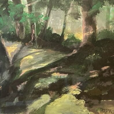 A painting of trees and rocks in the woods