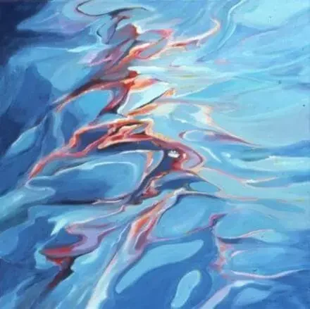 A painting of water with red and blue reflections.